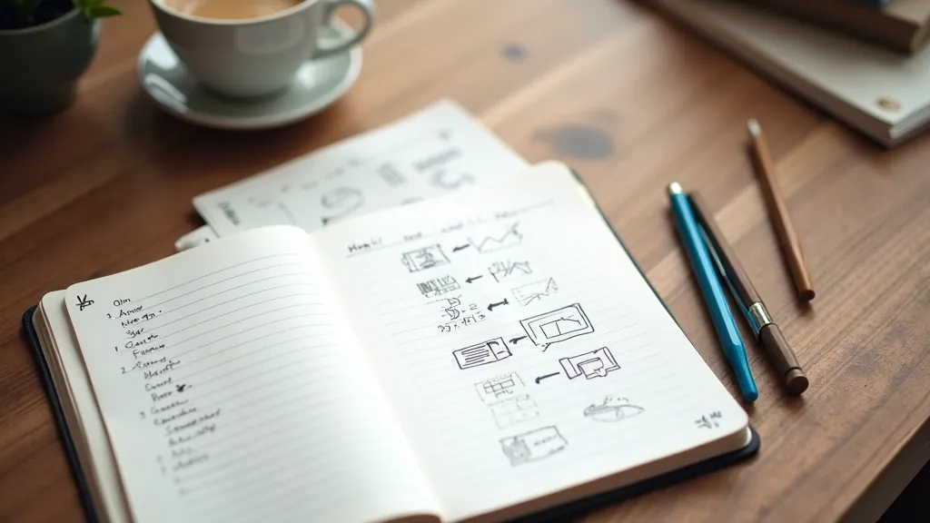 Notebook ar rakstiem un pierakstiem, kas satur mārketinga stratēģiju un auditorijas analīzi