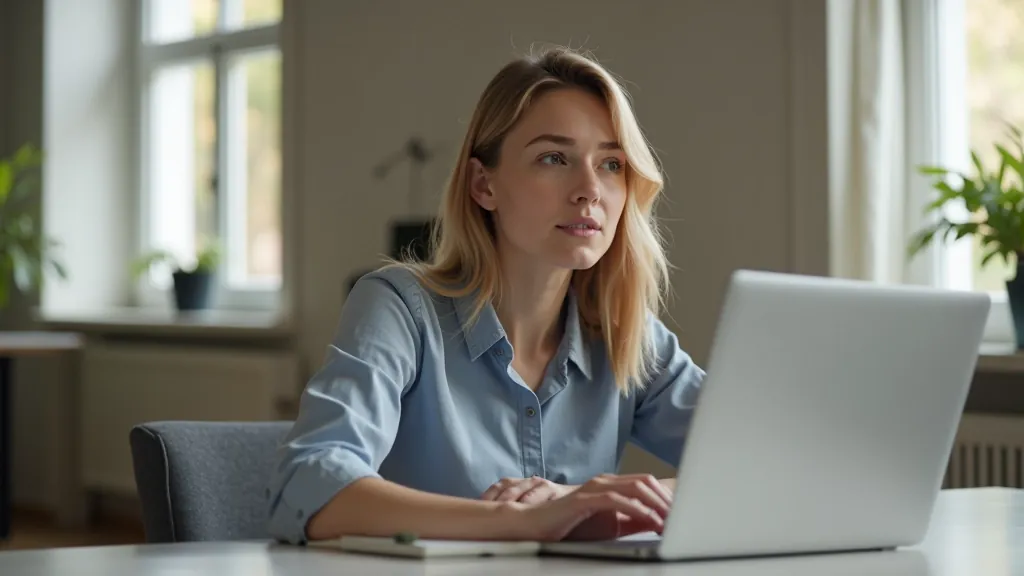 Sieviete strādā pie laptopas, rakstot mārketinga saturu pie modernas darba vietas